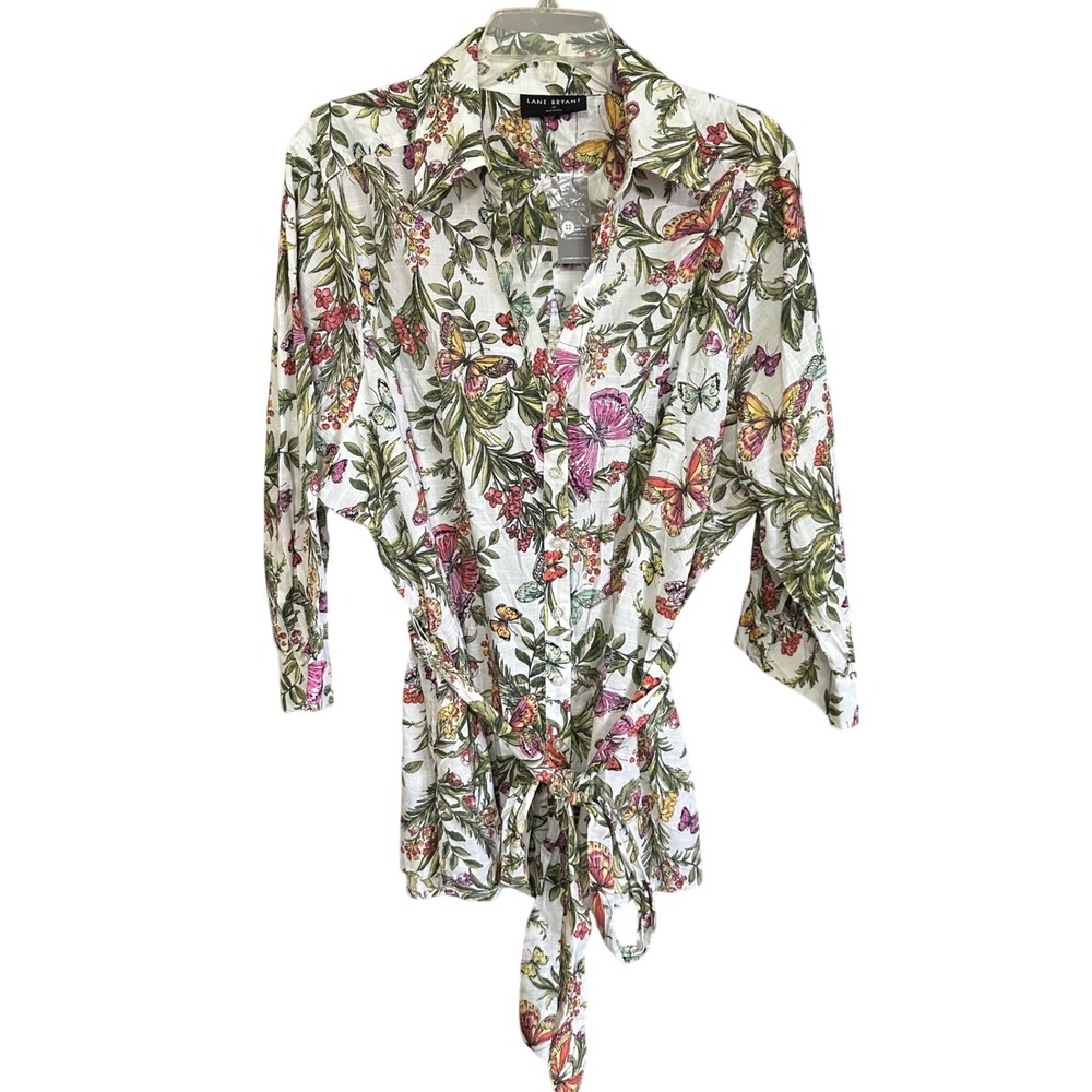 Lane Bryant Womens 22 Butterfly Floral Cotton Button Down Tie Waist Shirt New